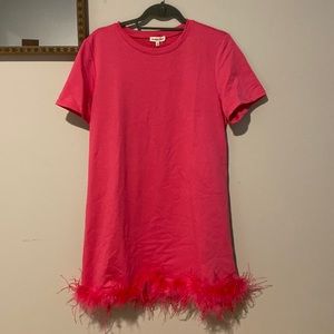 Pink Feather Hem Short Sleeve T Shirt Dress